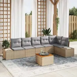Sodo Sofų Rinkinys Su Pagalve 7 Pcs Smėlio Poli Ratanas