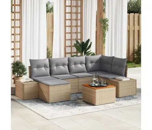 7 Daļīgs Dārza Dīvāns Ar Spilveniem Bēšā Krāsā, Izgatavots No Polirattanas Un Akācijas Vidaxl