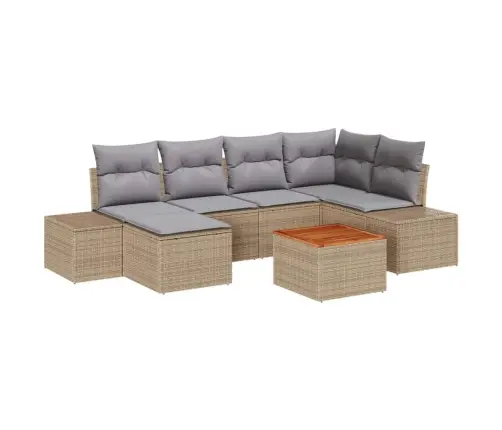 7 Daļīgs Dārza Dīvāns Ar Spilveniem Bēšā Krāsā, Izgatavots No Polirattanas Un Akācijas Vidaxl