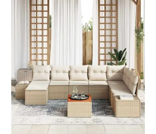 Sodo Sofų Rinkinys Su Pagalve 9 Pcs Smėlio Poli Ratanas