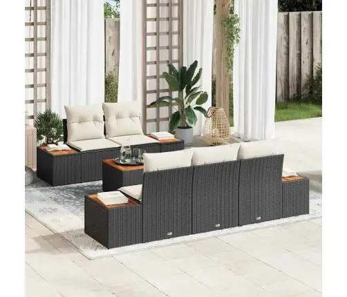 6 Daļu Dārza Dīvānu Komplekts Ar Spilveniem Melnā Poliratanā Un Akācijas Koks Vidaxl