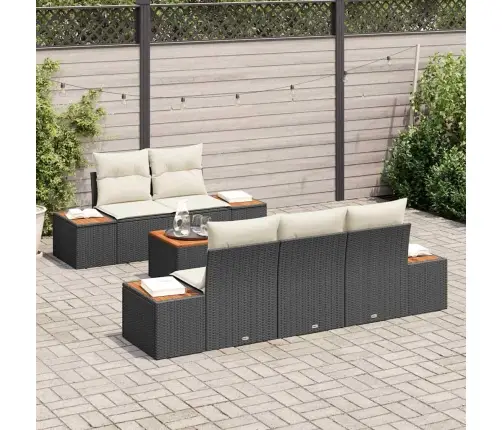 6 Daļu Dārza Dīvānu Komplekts Ar Spilveniem Melnā Poliratanā Un Akācijas Koks Vidaxl