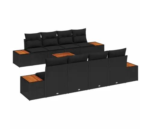 9 Daļu Dārza Dīvānu Komplekts Ar Spilveniem Melnā Polirahtā Un Akāciju Vidaxl