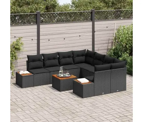 9 Daļu Dārza Dīvānu Komplekts Ar Spilveniem Melnā Polifaršā, Akāciju Vidaxl