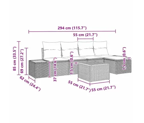 6 Daļu Dārza Dīvānu Komplekts Ar Spilveniem Pelēks Poli Rotangpalma Vidaxl