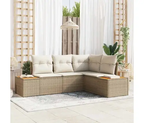 4 Daļīgs Dārza Dīvānu Komplekts Ar Spilveniem Bēšs Poliratanas Akācija Vidaxl