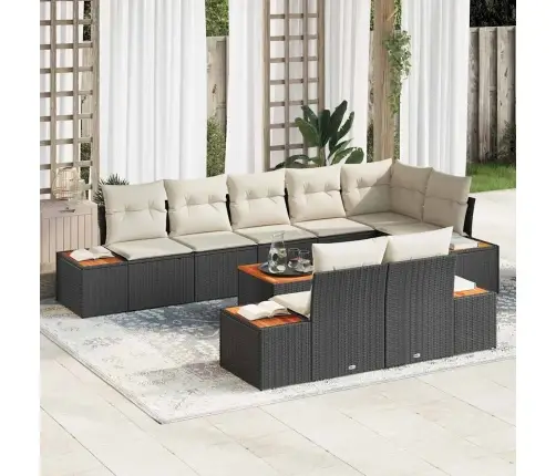 9 Daļu Dārza Dīvānu Komplekts Ar Spilveniem – Melns Polietilēna Rotangpalma Un Akācijas Koks Vidaxl