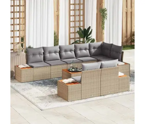 9 Daļu Dārza Dīvānu Komplekts Ar Spilveniem - Bēšs Polietilēna Rotangpalma Un Akācija Vidaxl