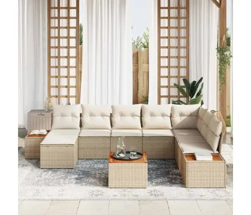 9 Daļu Dārza Dīvānu Komplekts Ar Spilveniem Bēšs Poli Rotangpalma Akācija Vidaxl