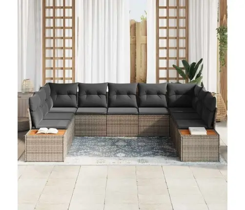 9 Gabalu Dārza Dīvānu Komplekts Ar Spilveniem Pelēkā Poliratānā Un Akācijās. Vidaxl