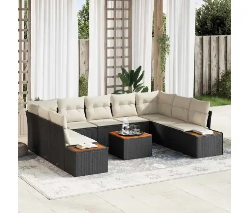 10 Daļīgs Dārza Dīvānu Komplekts Ar Spilveniem, Melnā Polirātnā Un Akācijas Koks Vidaxl