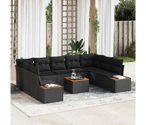 10 Daļu Dārza Dīvānu Komplekts Ar Spilveniem - Melns Poliratans Un Akācijas Koks Vidaxl