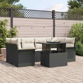 Sodo Sofų Rinkinys Su Pagalve 7 Pcs Juoda Poli Ratanas