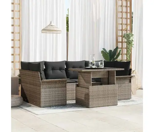 Sodo Sofų Rinkinys Su Pagalve 7 Pcs Pilka Poli Ratanas