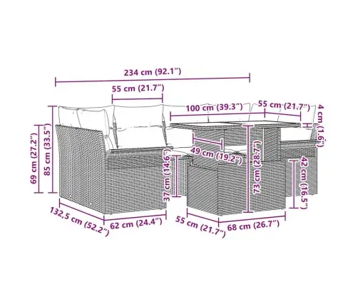 7 Gabalu Dārza Dīvānu Komplekts Ar Spilveniem, Gaiši Pelēks Poliestera Rattan Vidaxl