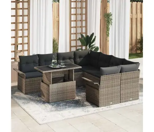 9 Daļu Dārza Dīvāna Komplekts Ar Spilveniem Pelēkā Polyratanā Vidaxl