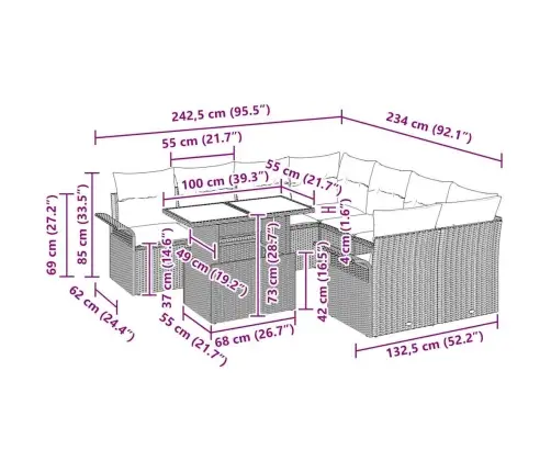 9 Daļu Dārza Dīvāna Komplekts Ar Spilveniem Pelēkā Polyratanā Vidaxl