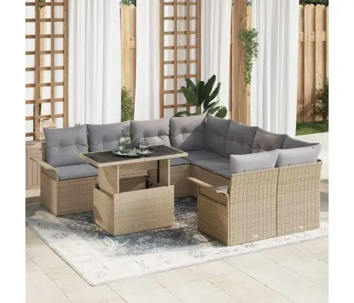 Sodo Sofų Rinkinys Su Pagalve 9 Pcs Smėlio Poli Ratanas