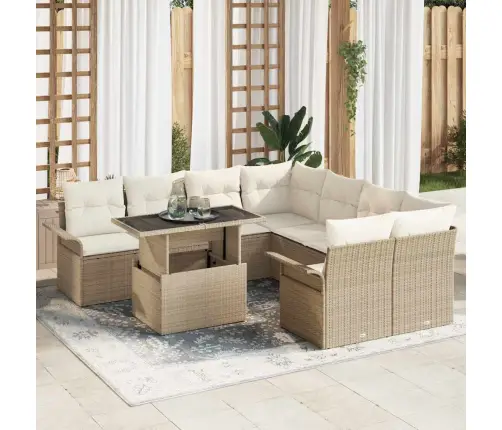 9 Daļu Dārza Dīvānu Komplekts Ar Spilveniem, Bēšs Poliratans Vidaxl