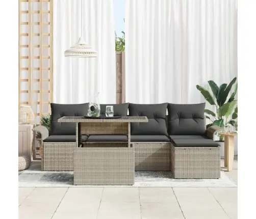 Sodo Sofų Rinkinys Su Pagalve 6 Pcs Šviesiai Pilka Poli Ratanas