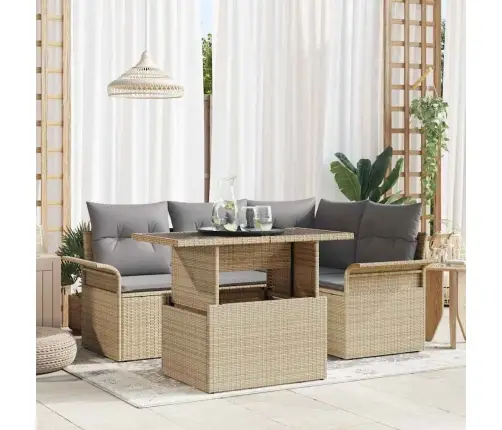 5 Daļu Dārza Dīvānu Komplekts Ar Spilveniem Bēšā Poli Rotangpalma Vidaxl