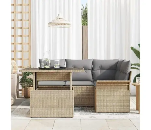 5 Daļu Dārza Dīvānu Komplekts Ar Spilveniem Bēšā Poli Rotangpalma Vidaxl