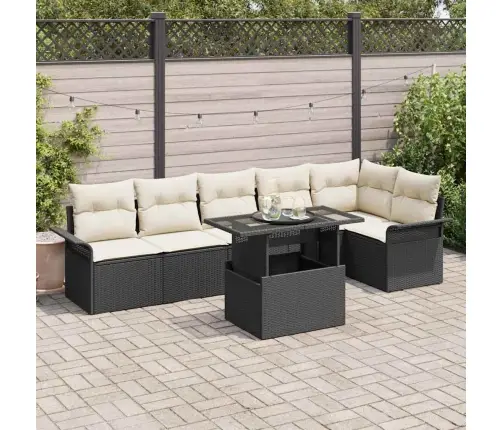 7 Daļu Dārza Dīvānu Komplekts Ar Spilveniem Melnā Poli Rotangpalmas Vidaxl