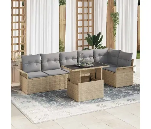 7 Daļu Dārza Dīvānu Komplekts Ar Spilveniem Bēšs Poli Rotangpalma Vidaxl