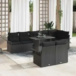 Sodo Sofų Rinkinys Su Pagalve 9 Pcs Juoda Poli Ratanas