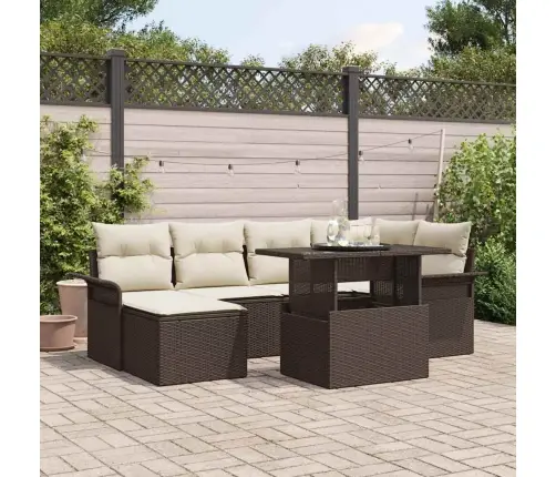 Sodo Sofų Rinkinys Su Pagalve 7 Pcs Ruda Poli Ratanas