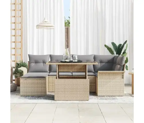 7 Gabalu Dārza Dīvānu Komplekts Ar Spilveniem Bēšs Poli Rotangpalma Vidaxl