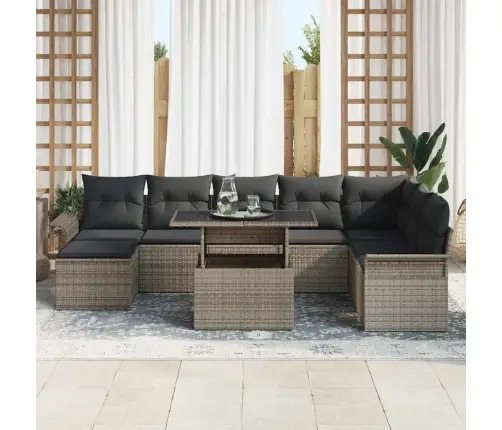 9 Gabalu Dārza Dīvānu Komplekts Ar Spilveniem Pelēks Poli Rotangpalma Vidaxl