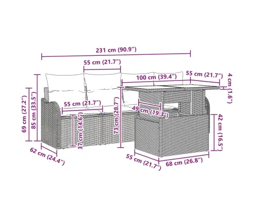 5 Gabalu Dārza Dīvānu Komplekts Ar Spilveniem Brūnais Polietilēna Rotangpalms Vidaxl