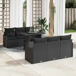 Sodo Sofų Rinkinys Su Pagalve 7 Pcs Juoda Poli Ratanas