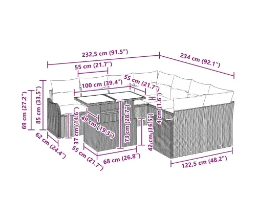 9 Gabalu Dārza Dīvānu Komplekts Ar Spilveniem Brūns Poli Rattan Vidaxl