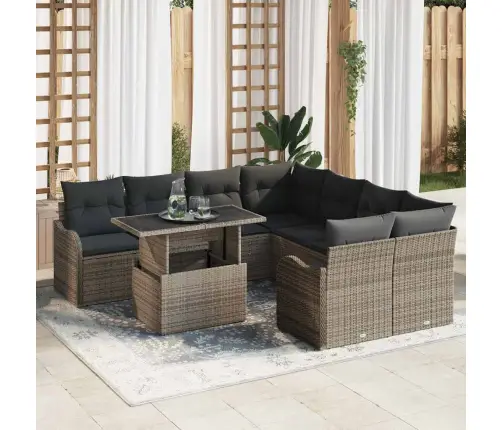 9 Daļu Dārza Dīvāna Komplekts Ar Spilveniem Pelēkā Poli Rotangpalmas Vidaxl