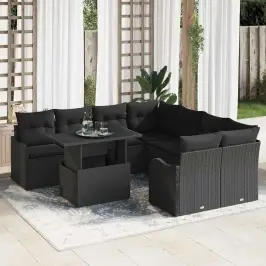Sodo Sofų Rinkinys Su Pagalve 9 Pcs Juoda Poli Ratanas