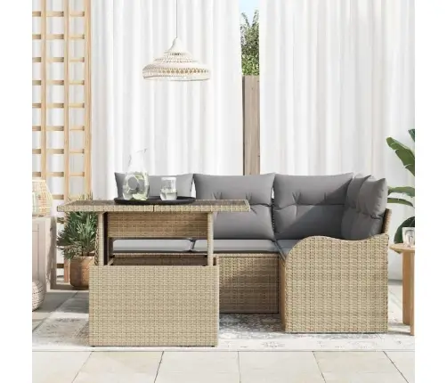 Lauko Valgomojo Komplektas Su Pagalve 5 Pcs Smėlio Poli Ratanas