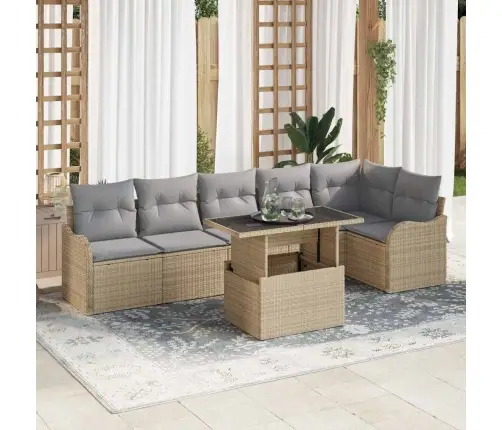 7 Gabalu Dārza Dīvānu Komplekts Ar Spilveniem Bēšā Poli Rotangpalmā Vidaxl