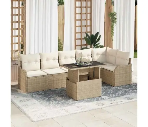 Sodo Sofų Rinkinys Su Pagalve 7 Pcs Smėlio Poli Ratanas