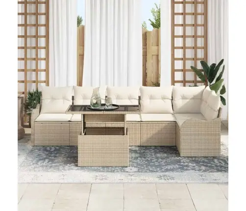 Sodo Sofų Rinkinys Su Pagalve 7 Pcs Smėlio Poli Ratanas