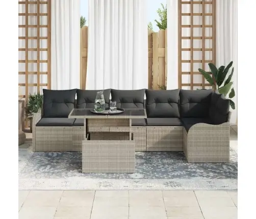 7 Daļu Dārza Dīvānu Komplekts Ar Spilveniem Gaiši Pelēks Poli Ratans Vidaxl