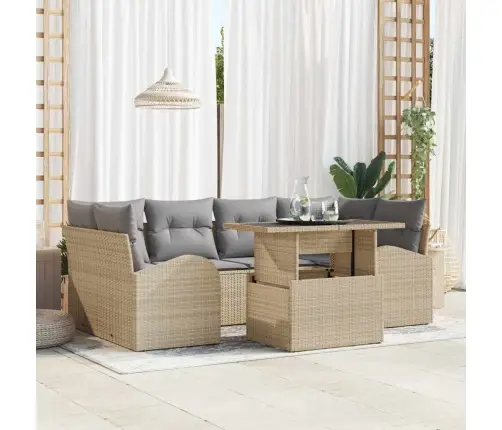 7 Daļu Dārza Dīvānu Komplekts Ar Spilveniem Bēšs Polirangang Vidaxl