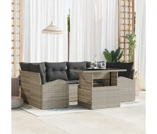 7 Daļu Dārza Dīvānu Komplekts Ar Spilveniem Gaiši Pelēkā Poli Rotangpalma Vidaxl