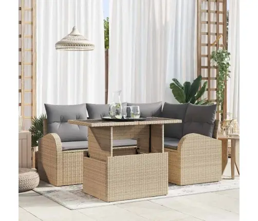 Sodo Sofų Rinkinys Su Pagalve 5 Pcs Smėlio Poliratanas