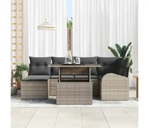 7 Daļu Dārza Dīvānu Komplekts Ar Pelēkiem Spilveniem Poliratānā Vidaxl