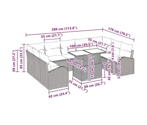 10 Daļu Dārza Dīvānu Komplekts Ar Spilveniem Pelēkā Polirratanā Vidaxl