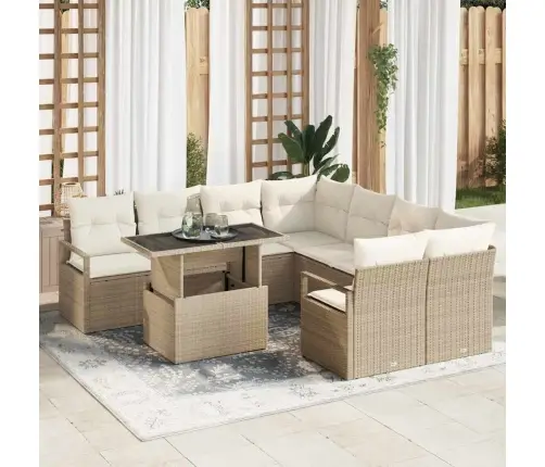 9 Daļu Dārza Dīvānu Komplekts Ar Spilveniem, Bēšs Poliratanā Vidaxl