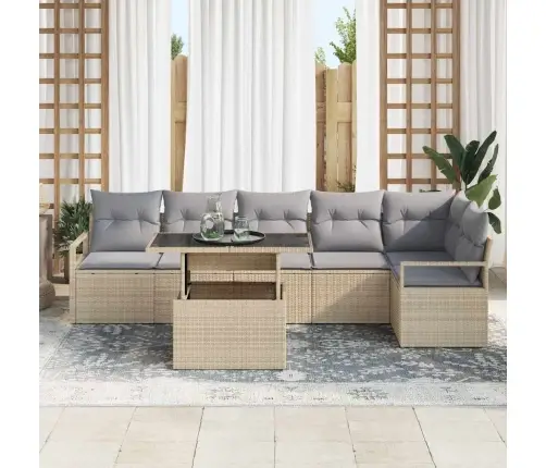 Sodo Sofų Rinkinys Su Pagalve 7 Pcs Smėlio Poli Ratanas