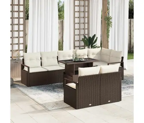 Sodo Sofų Rinkinys Su Pagalve 9 Pcs Ruda Ir Kreminė Poliratanas